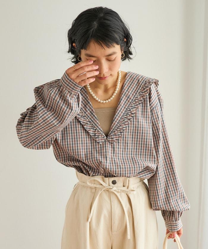 格紋水手領女式襯衫