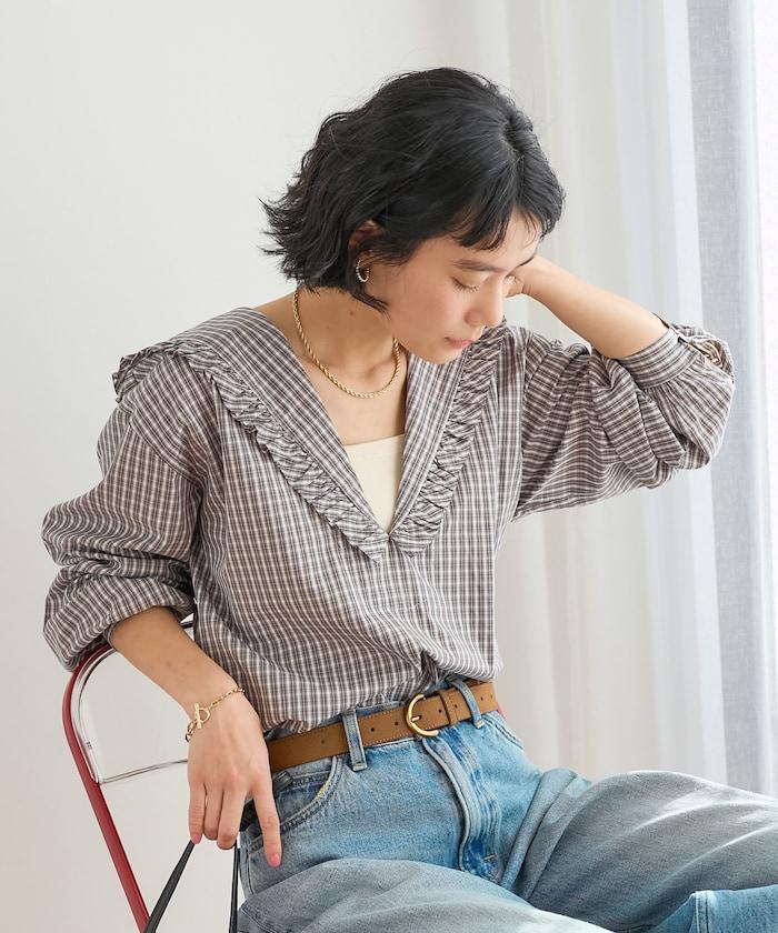 格紋水手領女式襯衫