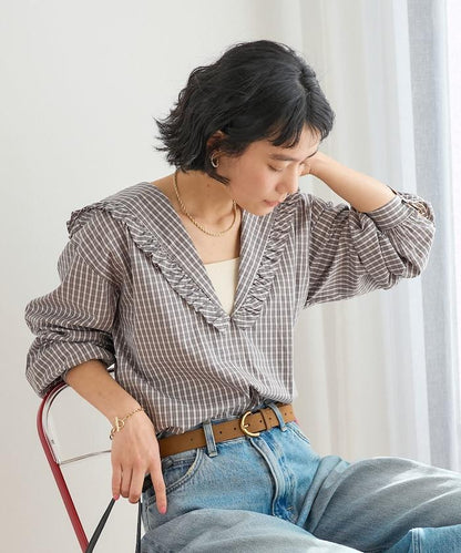 格紋水手領女式襯衫