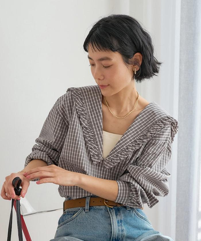 格紋水手領女式襯衫