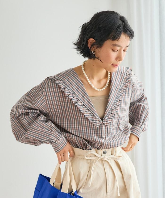 格紋水手領女式襯衫