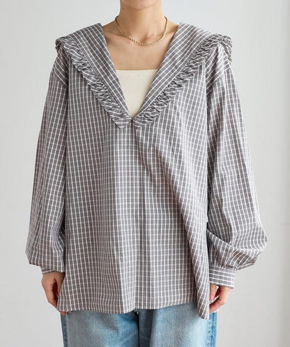 格紋水手領女式襯衫