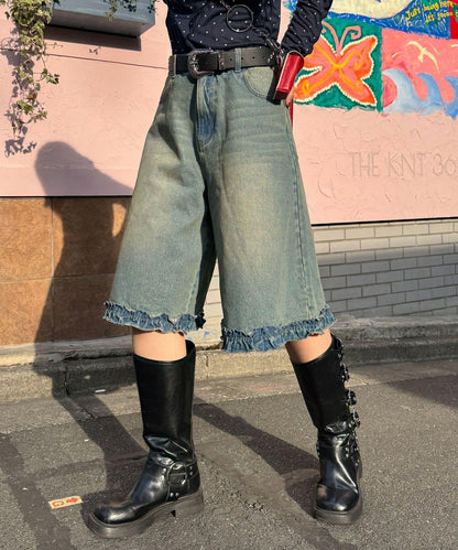 純色/花卉印花 下襬荷葉邊 牛仔五分褲