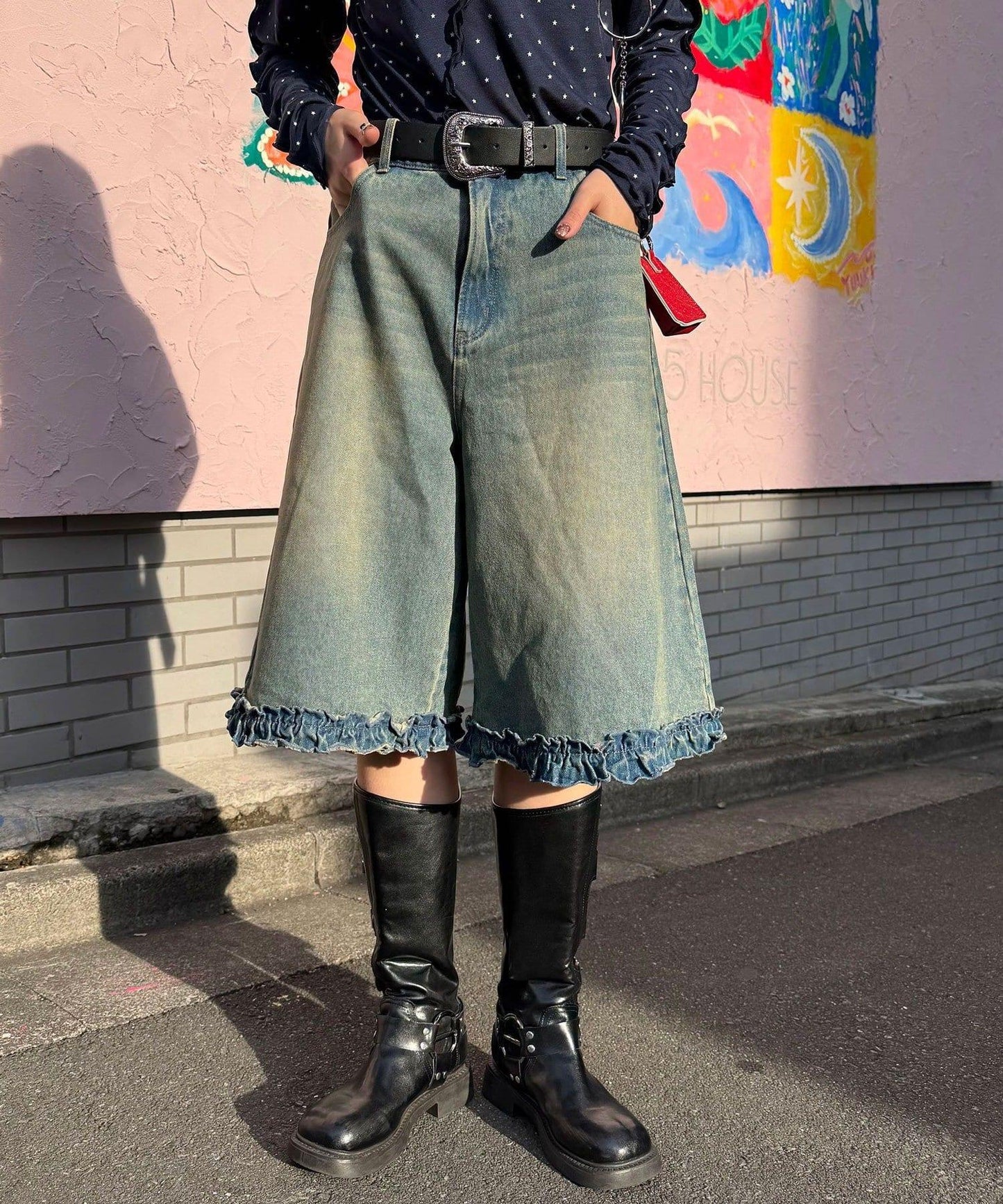 純色/花卉印花 下襬荷葉邊 牛仔五分褲