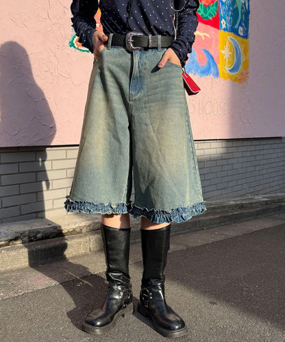 純色/花卉印花 下襬荷葉邊 牛仔五分褲