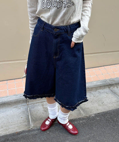 純色/花卉印花 下襬荷葉邊 牛仔五分褲