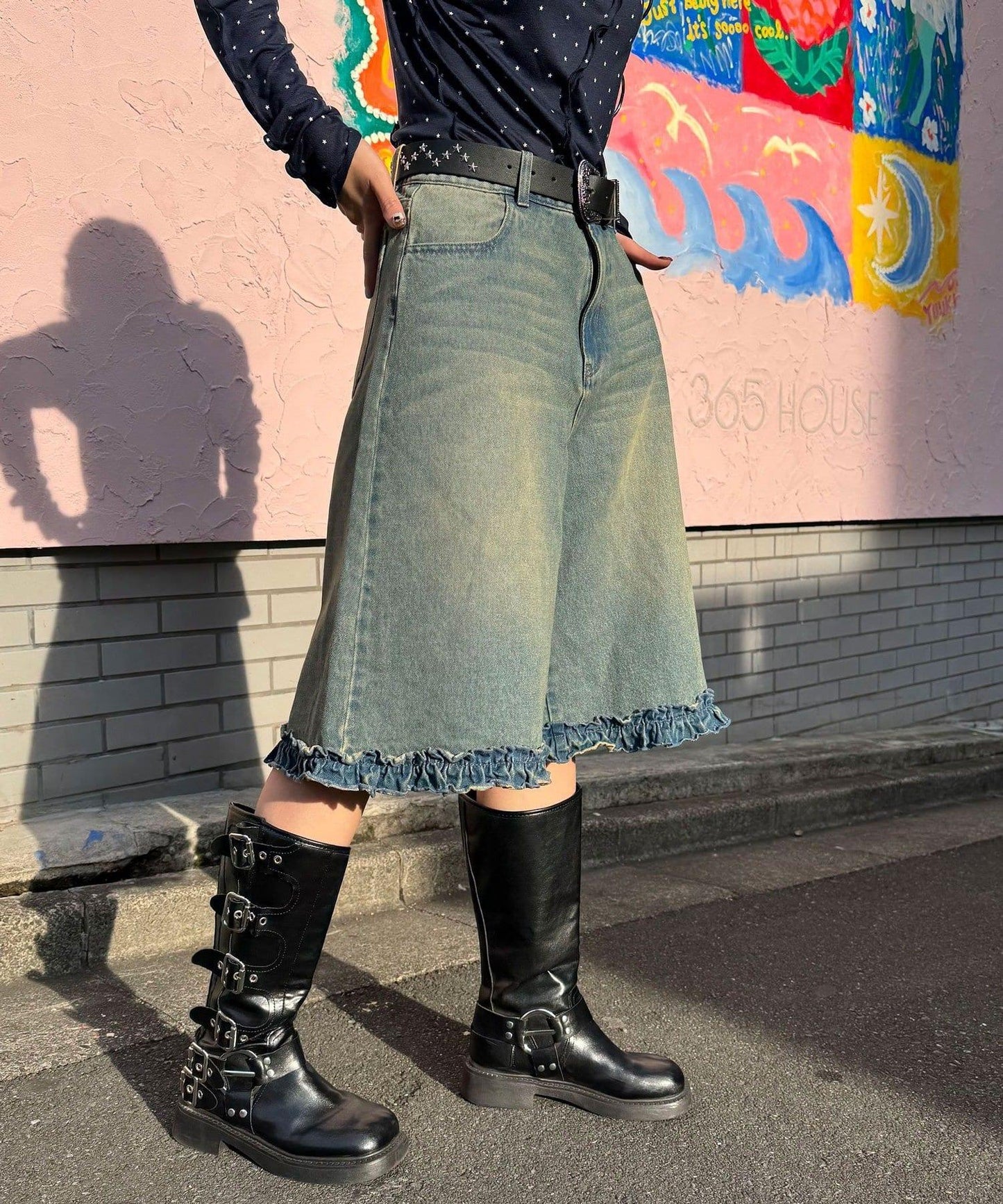 純色/花卉印花 下襬荷葉邊 牛仔五分褲