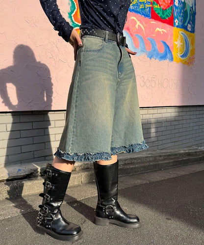 純色/花卉印花 下襬荷葉邊 牛仔五分褲