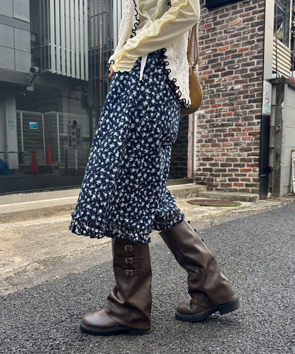 純色/花卉印花 下襬荷葉邊 牛仔五分褲