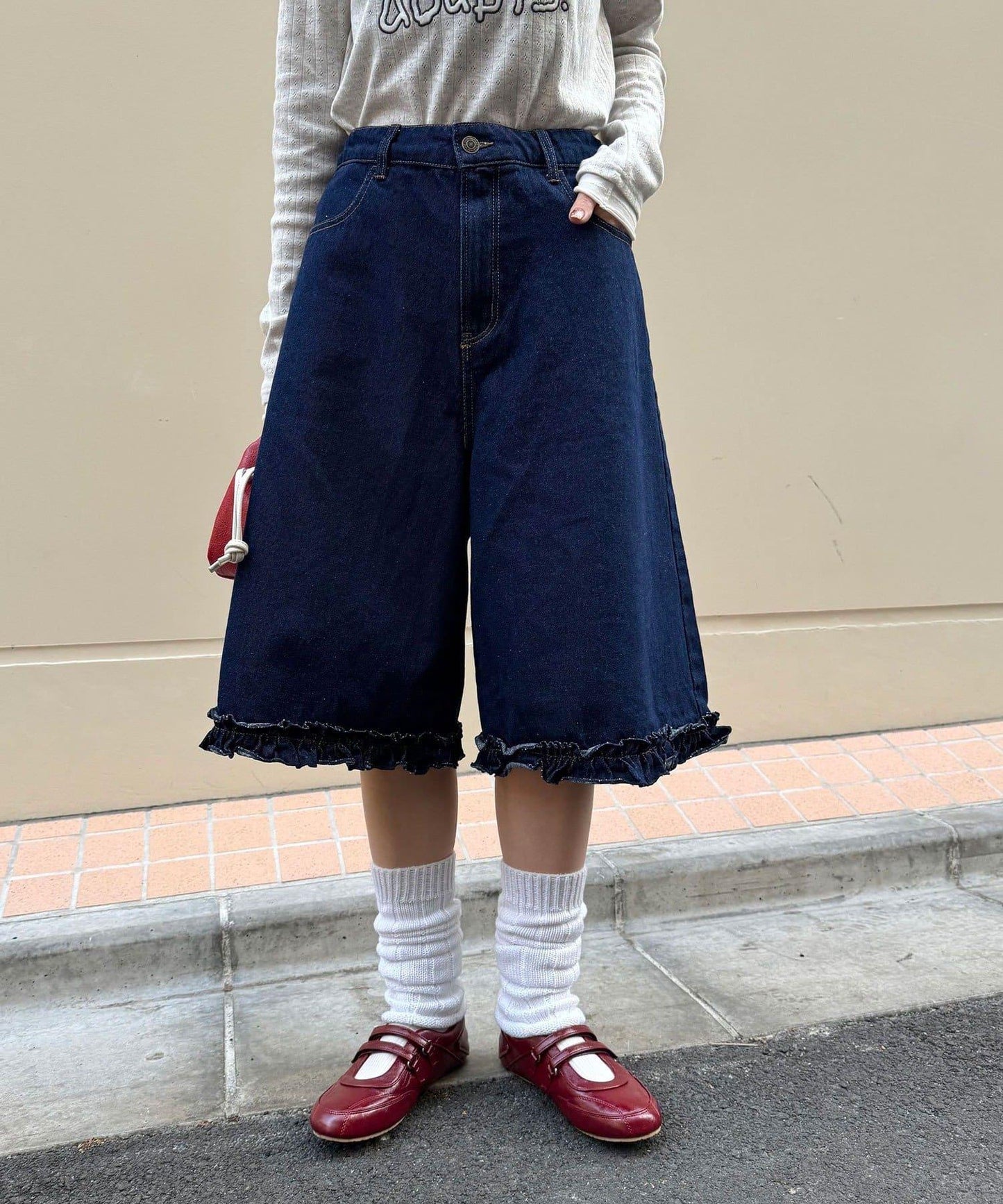 純色/花卉印花 下襬荷葉邊 牛仔五分褲