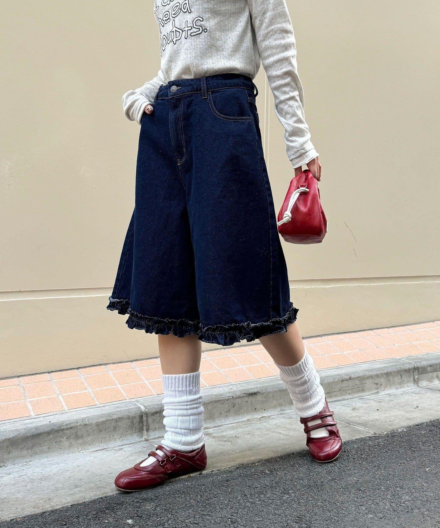 純色/花卉印花 下襬荷葉邊 牛仔五分褲