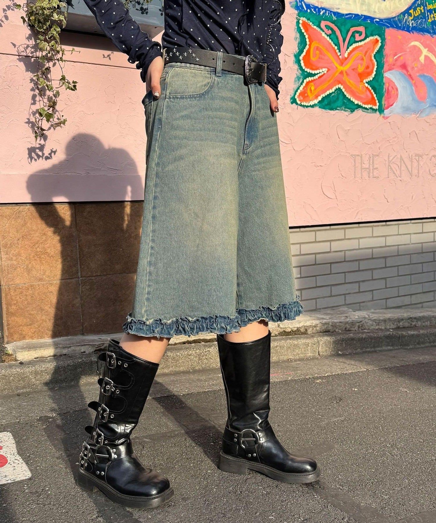 純色/花卉印花 下襬荷葉邊 牛仔五分褲