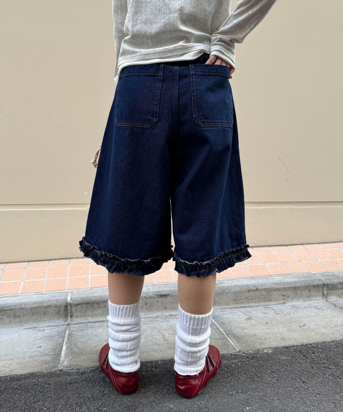 純色/花卉印花 下襬荷葉邊 牛仔五分褲