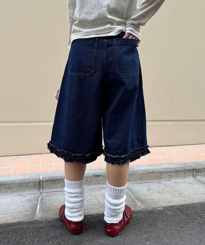 純色/花卉印花 下襬荷葉邊 牛仔五分褲