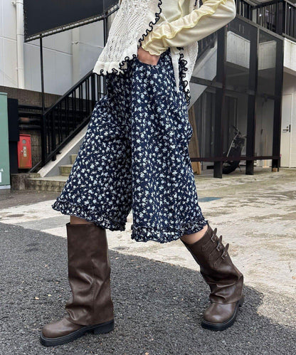 純色/花卉印花 下襬荷葉邊 牛仔五分褲