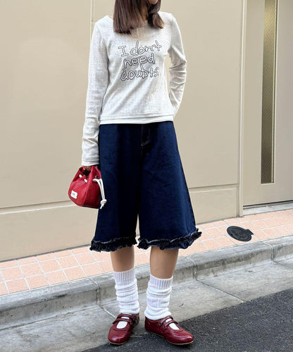 純色/花卉印花 下襬荷葉邊 牛仔五分褲