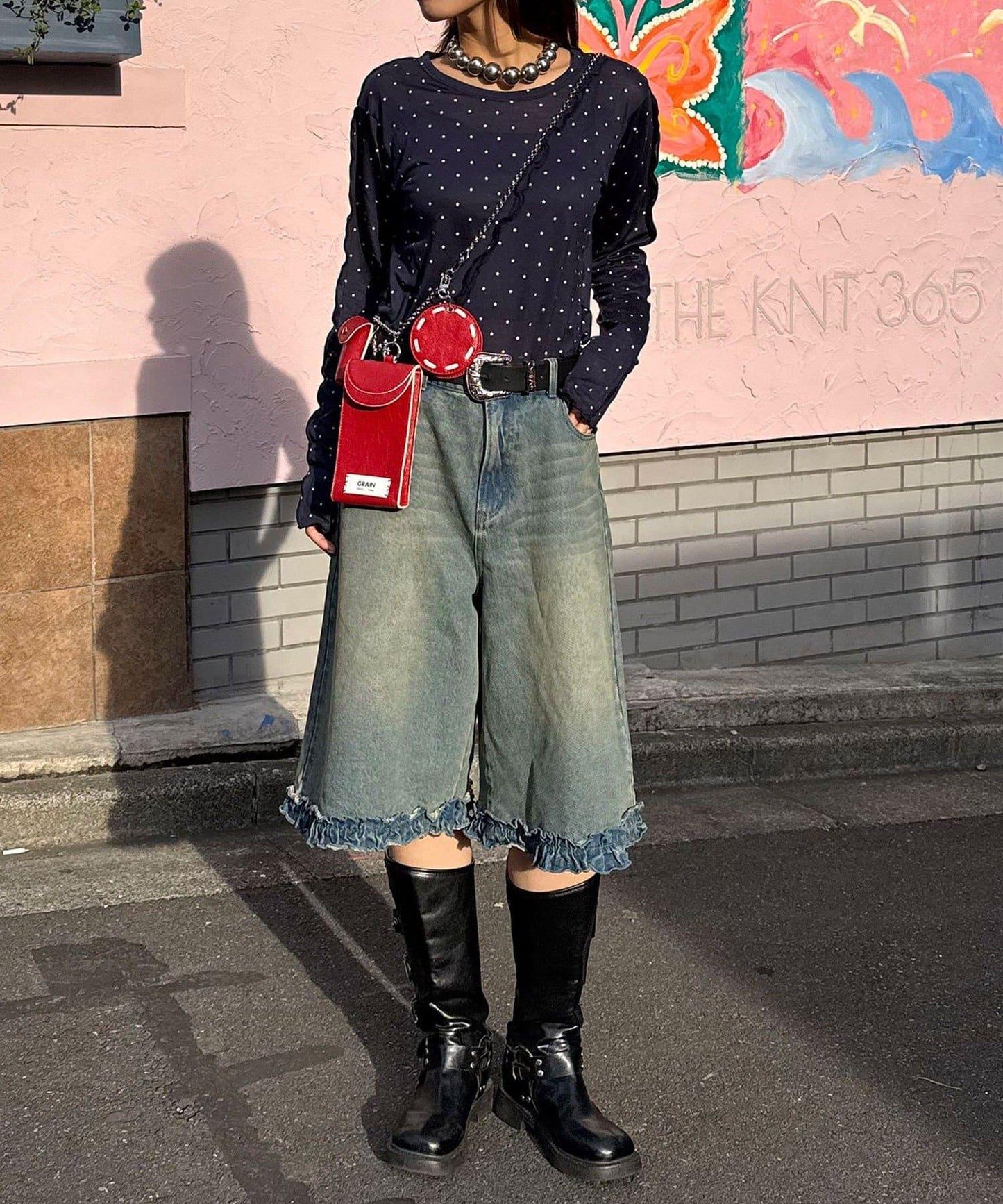 純色/花卉印花 下襬荷葉邊 牛仔五分褲