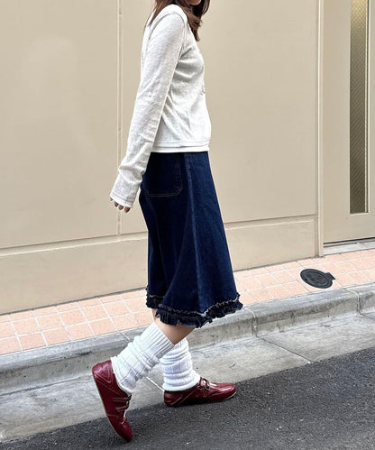 純色/花卉印花 下襬荷葉邊 牛仔五分褲