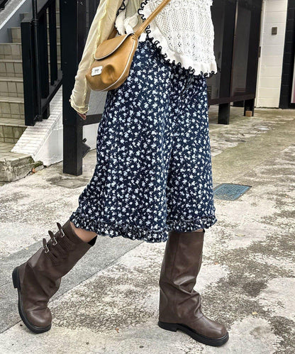 純色/花卉印花 下襬荷葉邊 牛仔五分褲