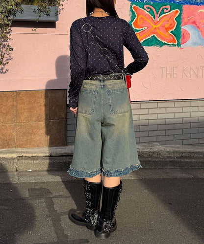 純色/花卉印花 下襬荷葉邊 牛仔五分褲