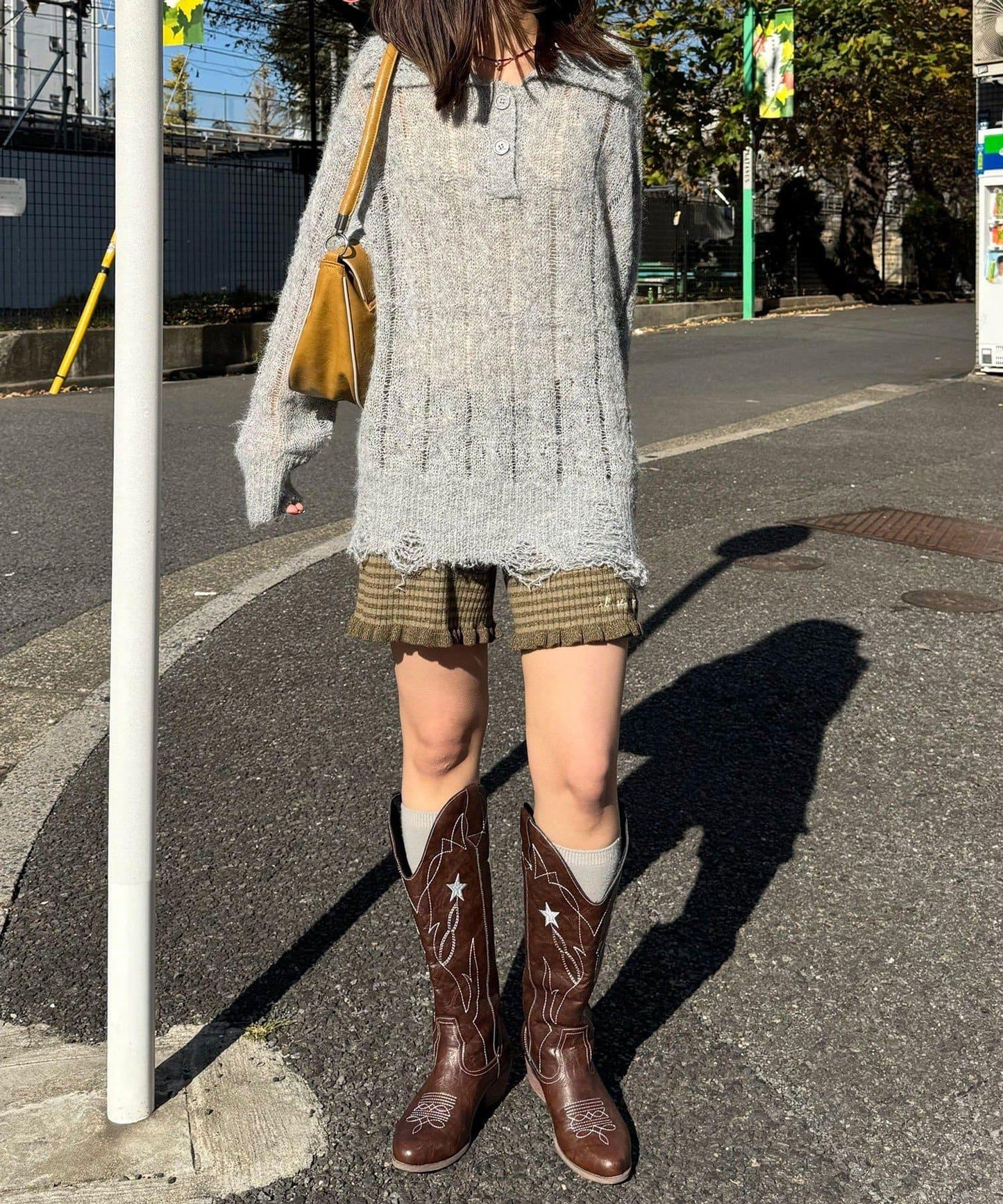 松織透膚麻花破損針織Polo衫