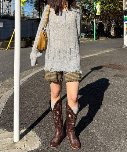 松織透膚麻花破損針織Polo衫