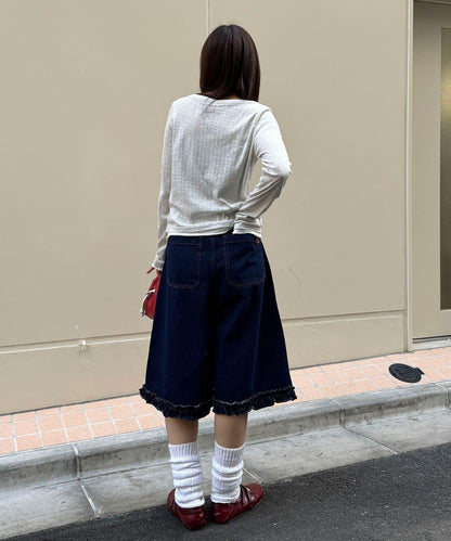 純色/花卉印花 下襬荷葉邊 牛仔五分褲