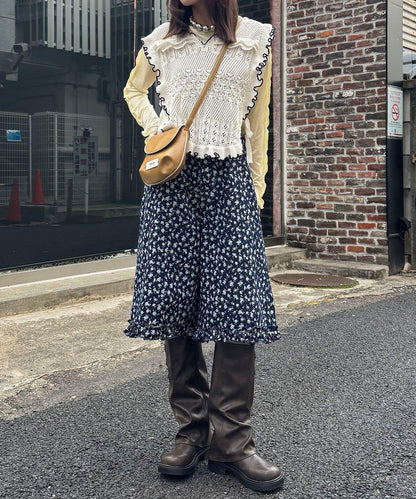 純色/花卉印花 下襬荷葉邊 牛仔五分褲