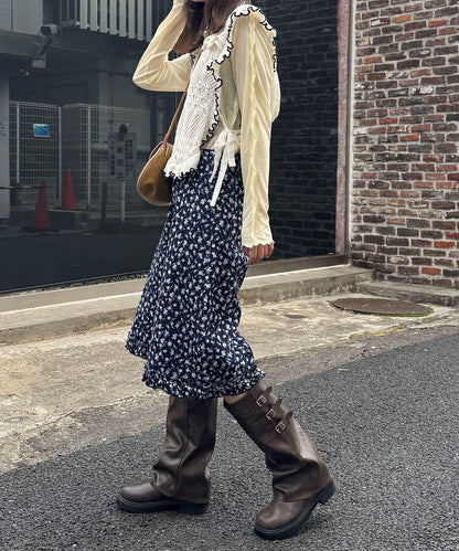 純色/花卉印花 下襬荷葉邊 牛仔五分褲