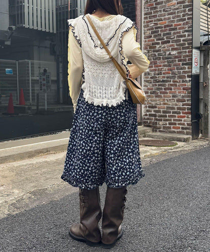 純色/花卉印花 下襬荷葉邊 牛仔五分褲