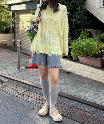 松織透膚麻花破損針織Polo衫