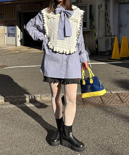 抽褶袖 蝴蝶結領 條紋襯衫