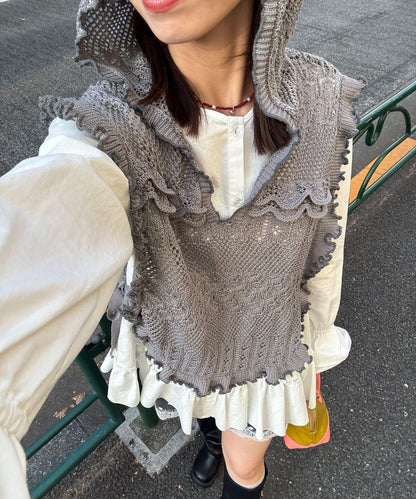 連帽 荷葉邊卷邊 針織 背心