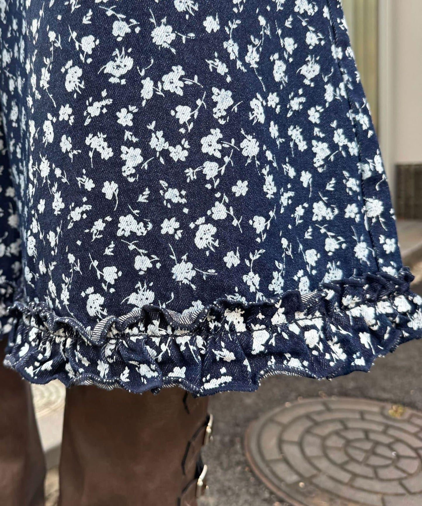 純色/花卉印花 下襬荷葉邊 牛仔五分褲