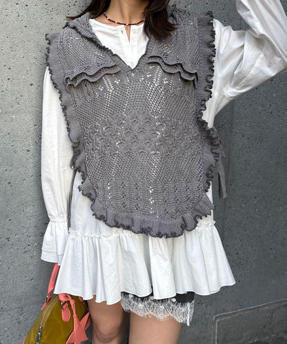 連帽 荷葉邊卷邊 針織 背心