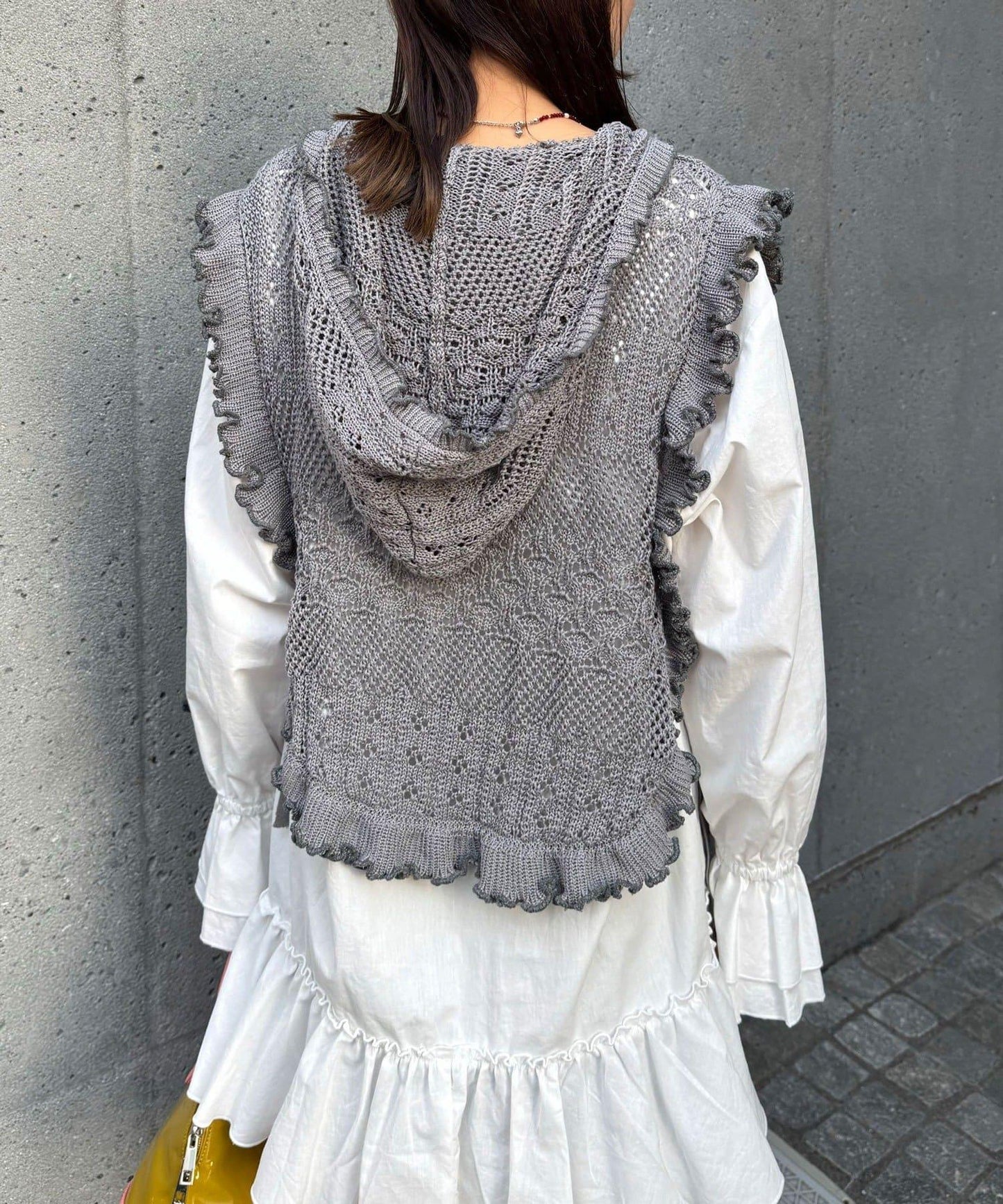 連帽 荷葉邊卷邊 針織 背心