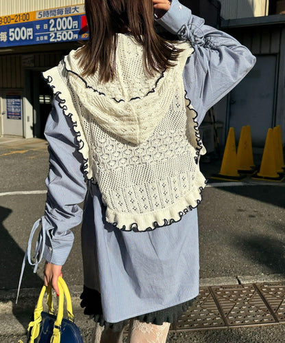 連帽 荷葉邊卷邊 針織 背心