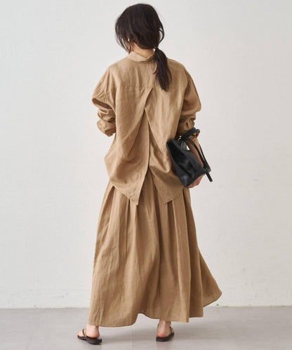 亞麻後繫帶設計襯衫