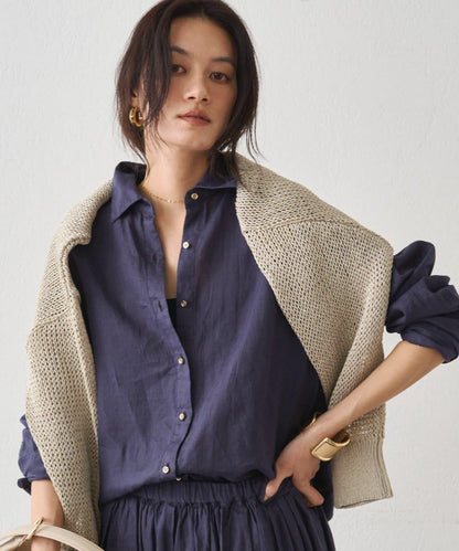 亞麻後繫帶設計襯衫