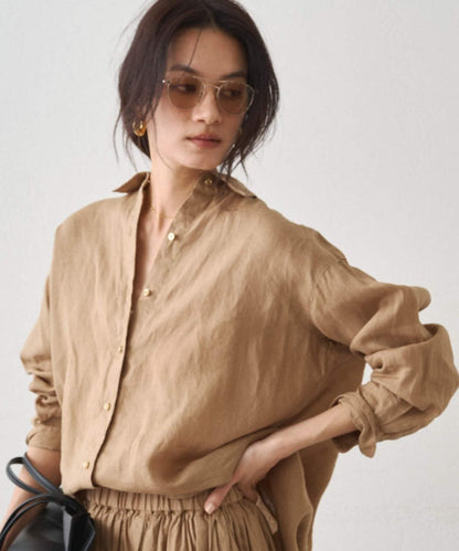 亞麻後繫帶設計襯衫