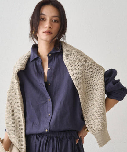 亞麻後繫帶設計襯衫