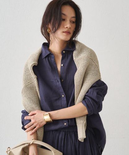 亞麻後繫帶設計襯衫