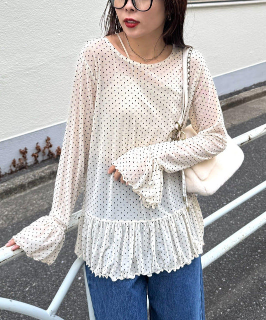適合疊穿 植絨波點 網紗荷葉邊 上衣