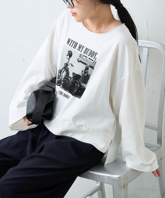 柔軟觸感 寬袖 混合圖案 Tee T恤