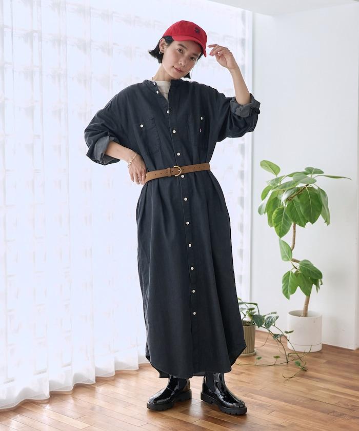 Tencel denim 無領 襯衫連衣裙