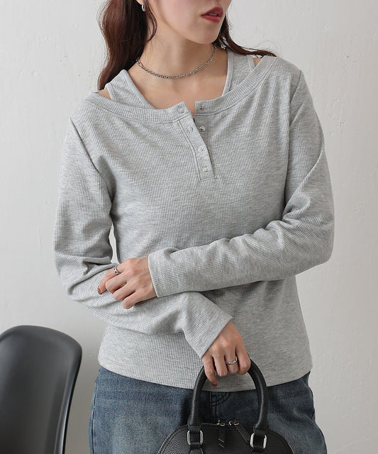 羅紋拼接亨利領套頭上衣