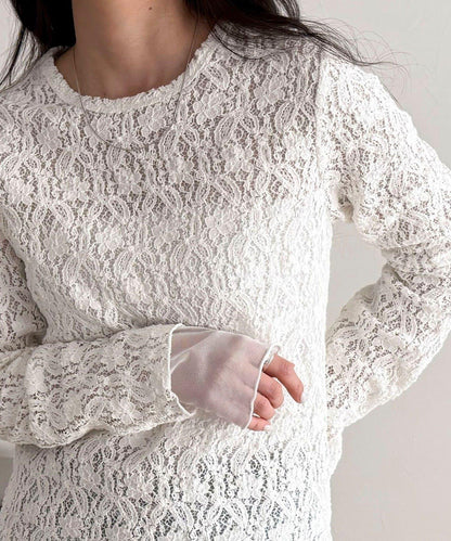 網紗拼接蕾絲長袖T恤