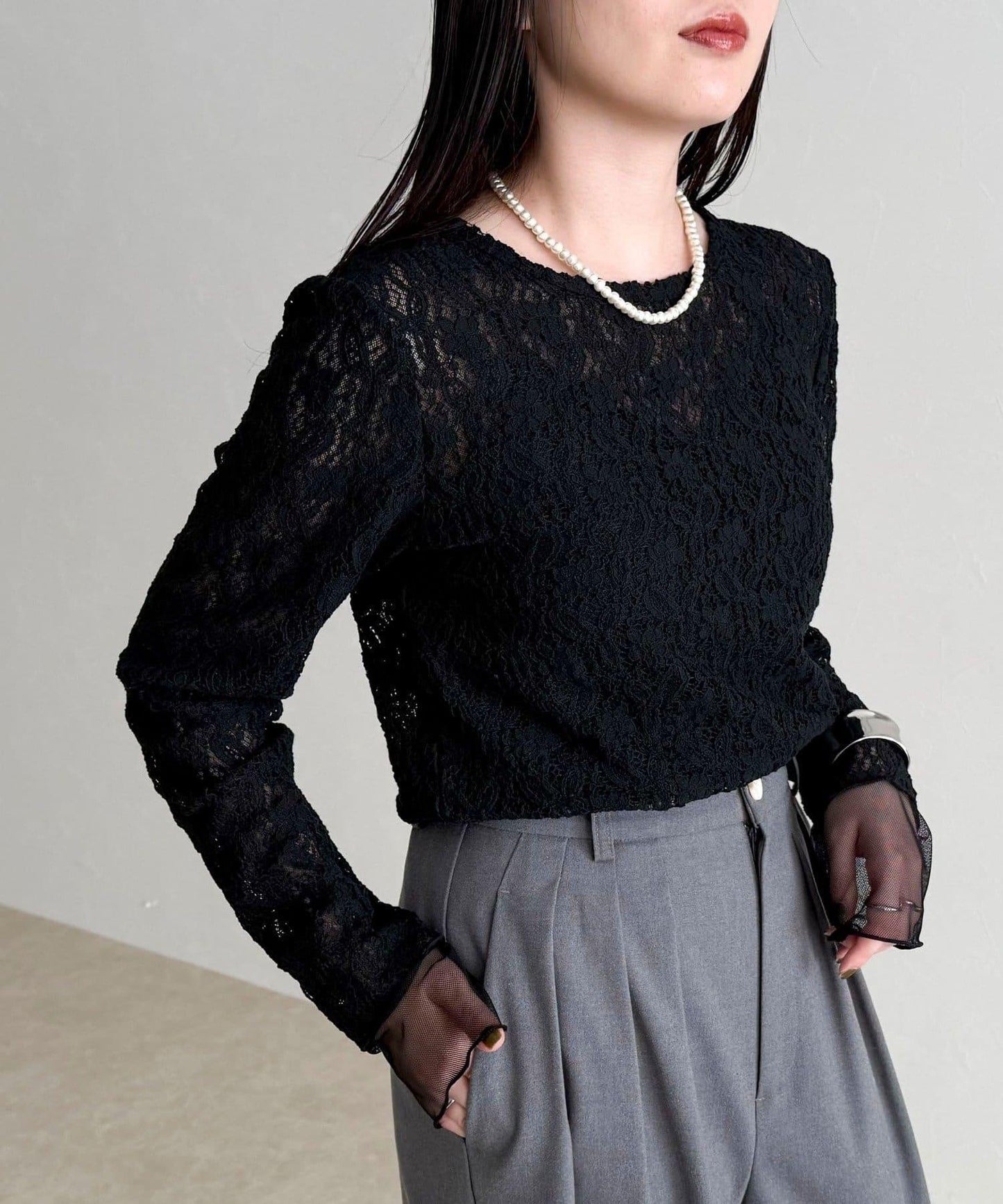 網紗拼接蕾絲長袖T恤