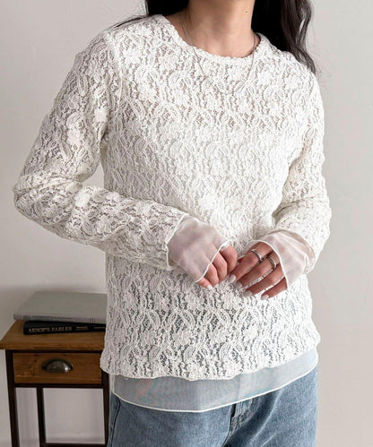 網紗拼接蕾絲長袖T恤