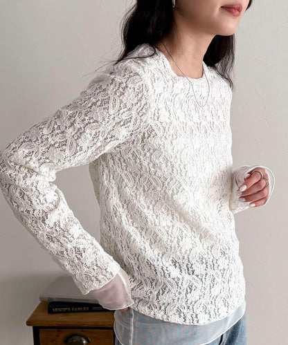 網紗拼接蕾絲長袖T恤